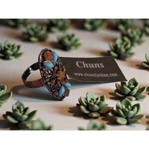 Unique Ring Aqua Blue Brown Gold Multi Stone Oval Adjustable Chuns Jewelry